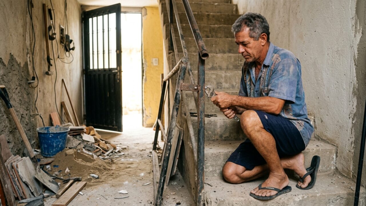 Família desloca corrimão 18 centímetros durante reforma e geladeira comprada pela vizinha não consegue subir pela escada compartilhada
