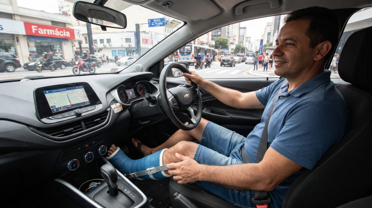 A proibição de dirigir carro automático usando gesso na perna esquerda e as punições no trânsito