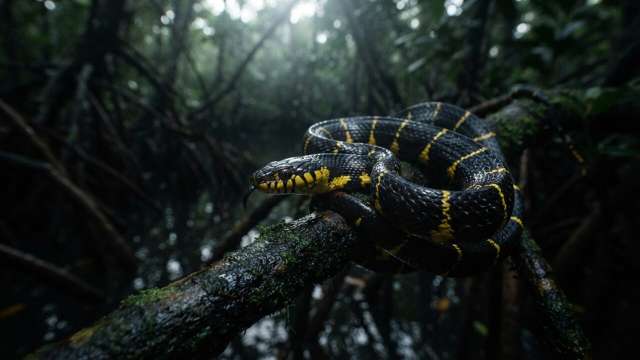 Uma cobra preta some entre galhos à noite: olhos verticais e presas traseiras revelam uma caçadora de manguezais