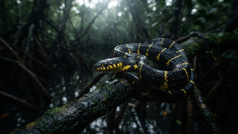 Uma cobra preta some entre galhos à noite: olhos verticais e presas traseiras revelam uma caçadora de manguezais