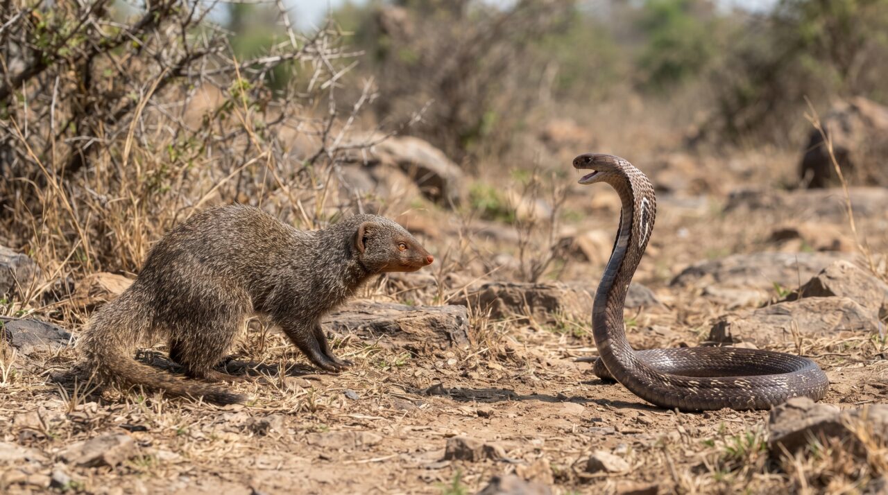 A habilidade e agilidade do mangusto ao enfrentar e devorar serpentes venenosas como a naja