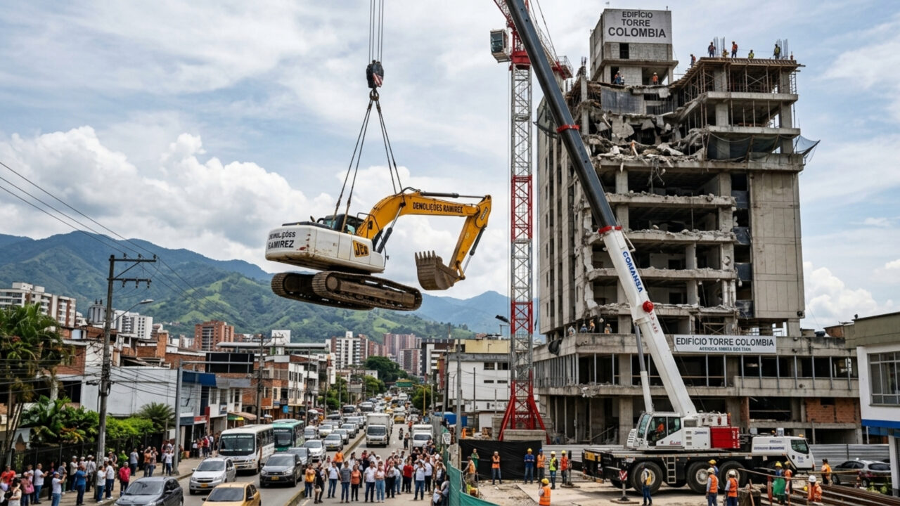 Manobra de alto risco: retroescavadeira vai parar em cobertura de prédio para trabalho de demolição