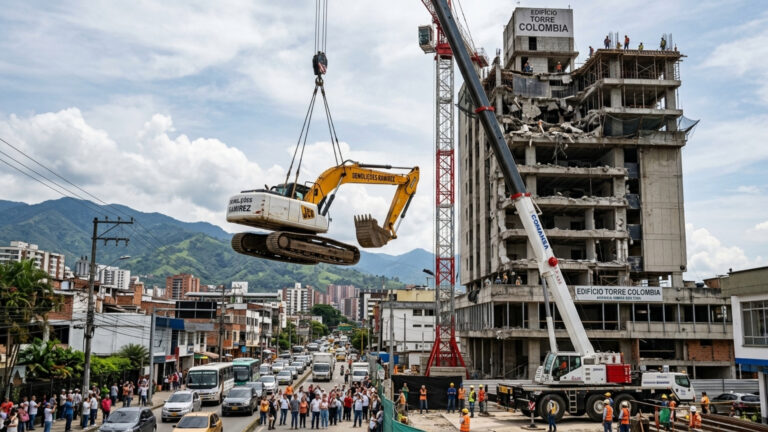 Manobra de alto risco retroescavadeira para um prédio para trabalhos de demolição