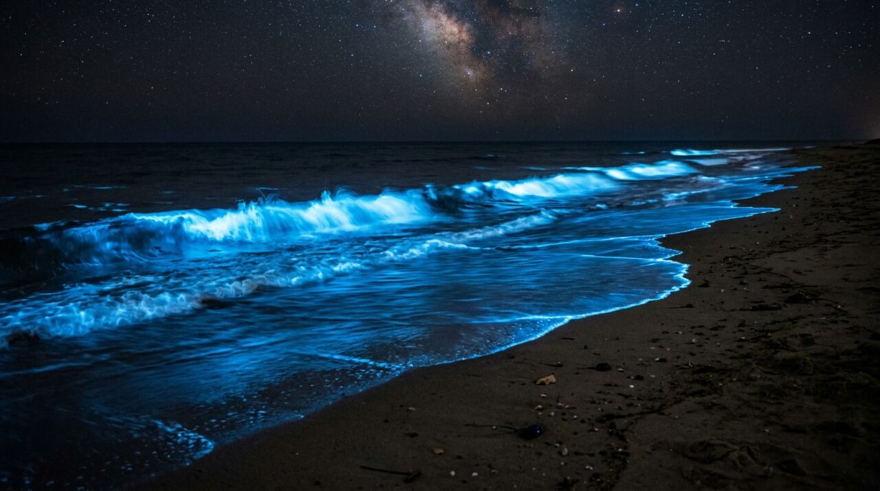 O fenômeno que faz o oceano brilhar em azul durante a noite quando milhões de organismos microscópicos produzem luz ao serem agitados pela água