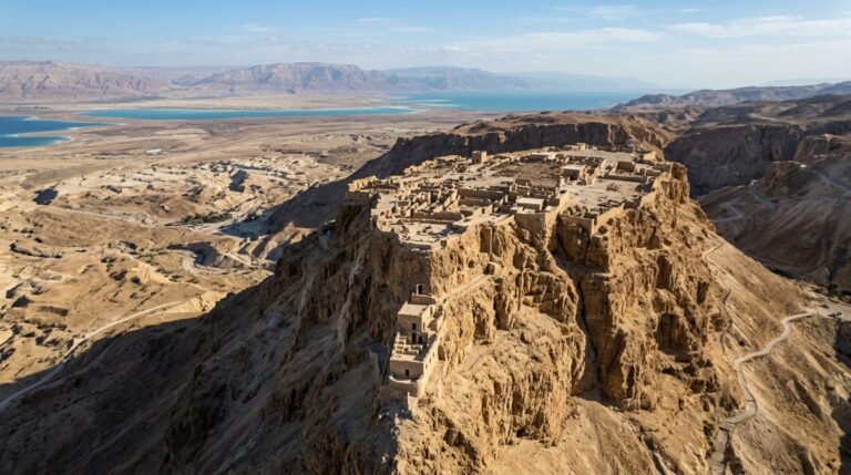 Masada foi transformada por Herodes em uma fortaleza-palácio protegida por penhascos e acessos estreitos no deserto da Judeia