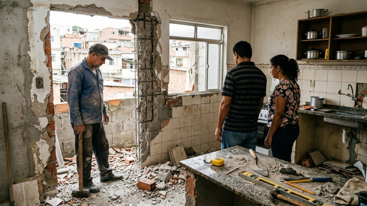 Pedreiro retira o revestimento para trocar uma janela e encontra parte da coluna escondida exatamente onde proprietário pretendia aumentar o vão