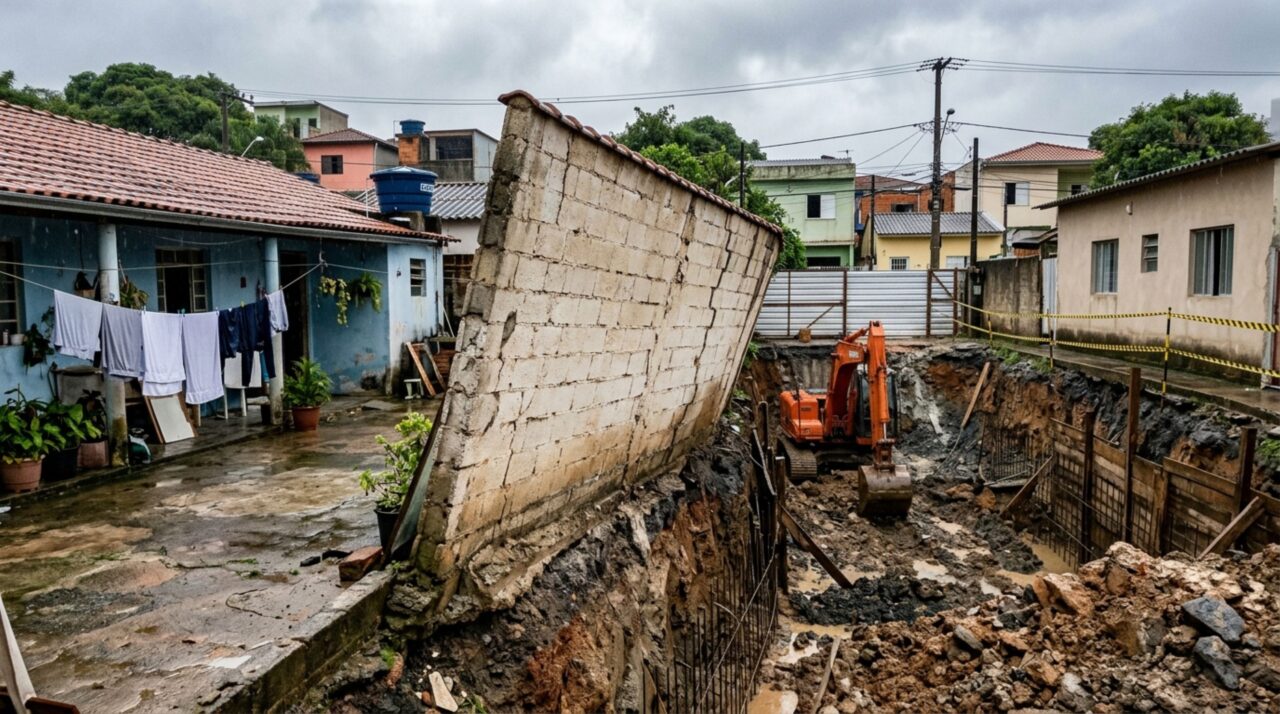 Pedreiro escava a fundação da casa nova colada à divisa e, na primeira chuva forte, o muro do vizinho começa a inclinar para dentro do buraco