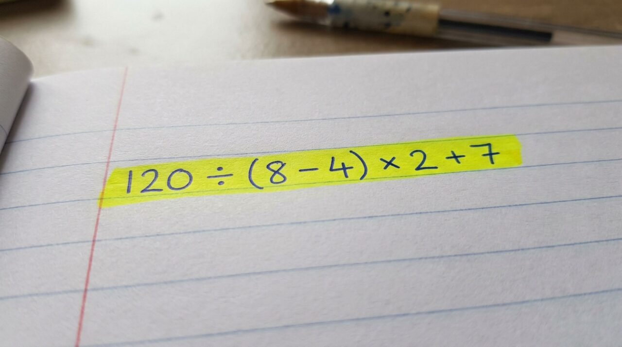 Sem usar lápis e papel, resolva a equação 120 ÷ (8 − 4) × 2 + 7 e teste seus conhecimentos da época da escola