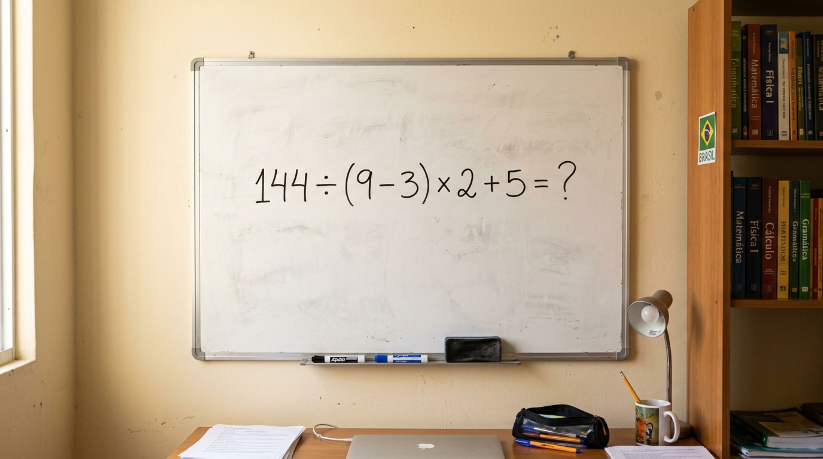 Sem usar calculadora, resolva a expressão 144 ÷ (9 − 3) × 2 + 5 e teste se você lembra da ordem das operações