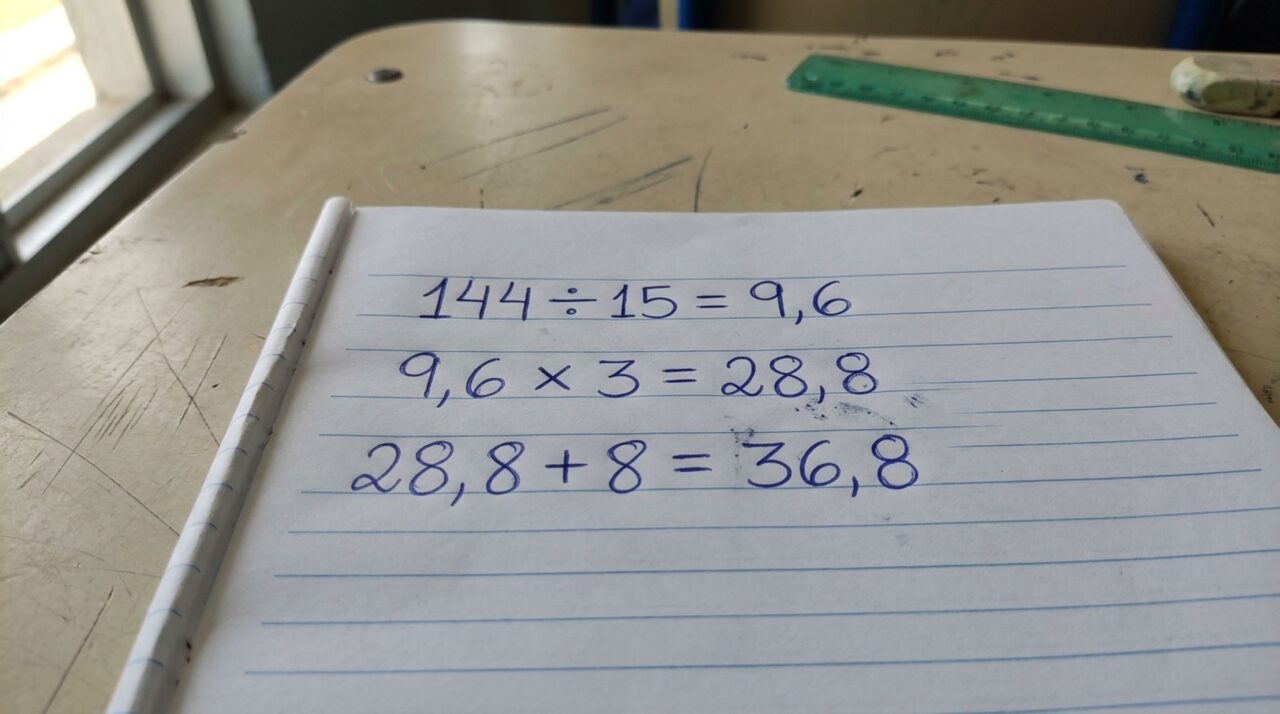 Sem usar calculadora, resolva a equação 144 ÷ (20 − 5) × 3 + 8 e teste sua memória escolar