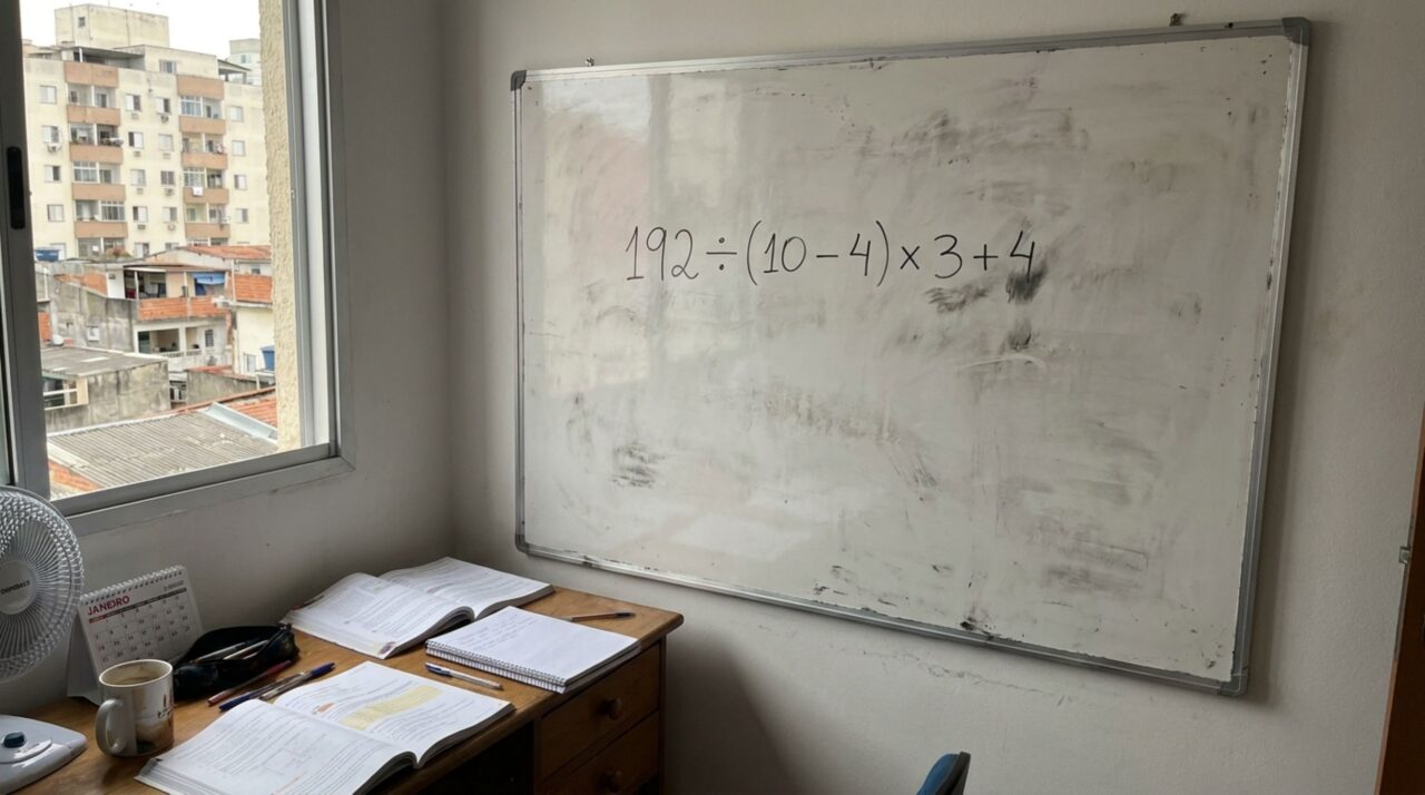 Sem anotar o cálculo, resolva a expressão 192 ÷ (10 − 4) × 3 + 4 e teste sua habilidade com matemática básica
