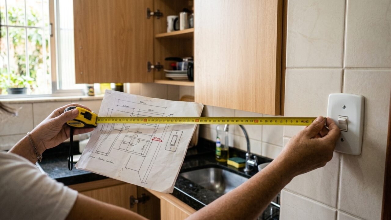 O armário planejado fica pronto depois de dois meses, mas montadores descobrem que a última porta abre exatamente sobre o interruptor da cozinha