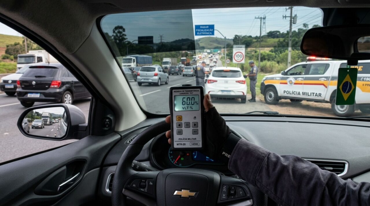 Motorista é parado em blitz com película escura nos vidros dianteiros, mostra a chancela do instalador e acredita que isso comprova a regularidade, fiscalização explica como a transparência é medida