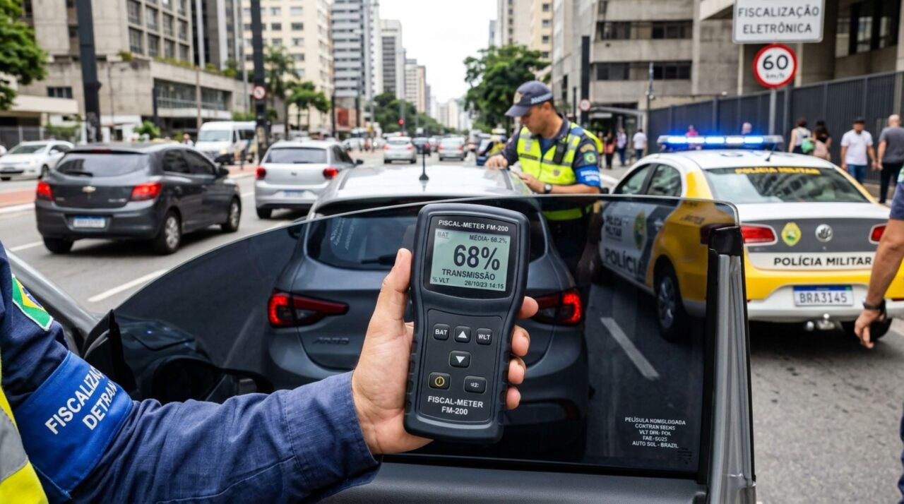 Motorista é parado em blitz, agente verifica a película instalada nos vidros e condutor acredita que qualquer insulfilm escuro gera multa, fiscalização explica quais vidros possuem limites diferentes de transparência