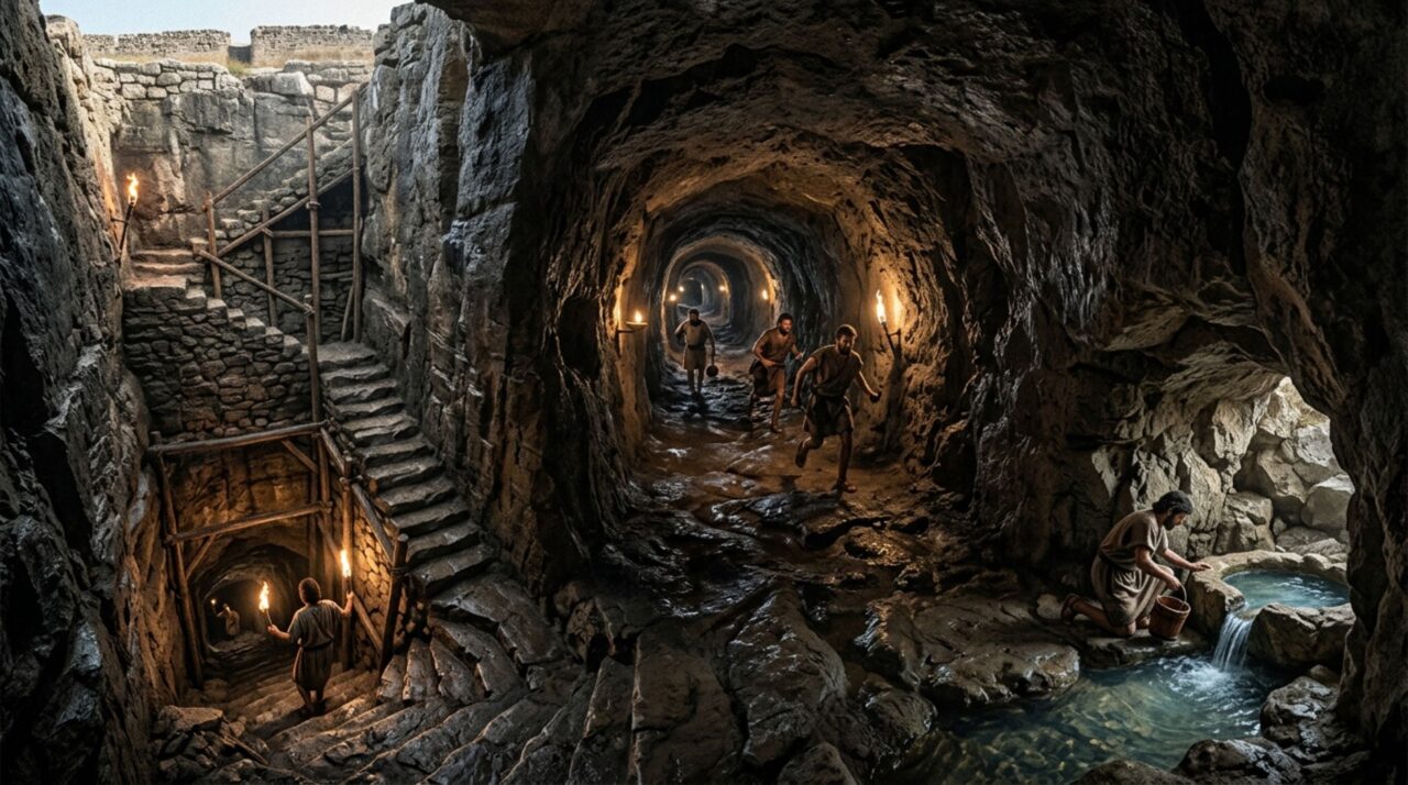 Poço profundo, túnel escavado na rocha e nascente camuflada formavam um único sistema para levar água ao interior fortificado de Megiddo
