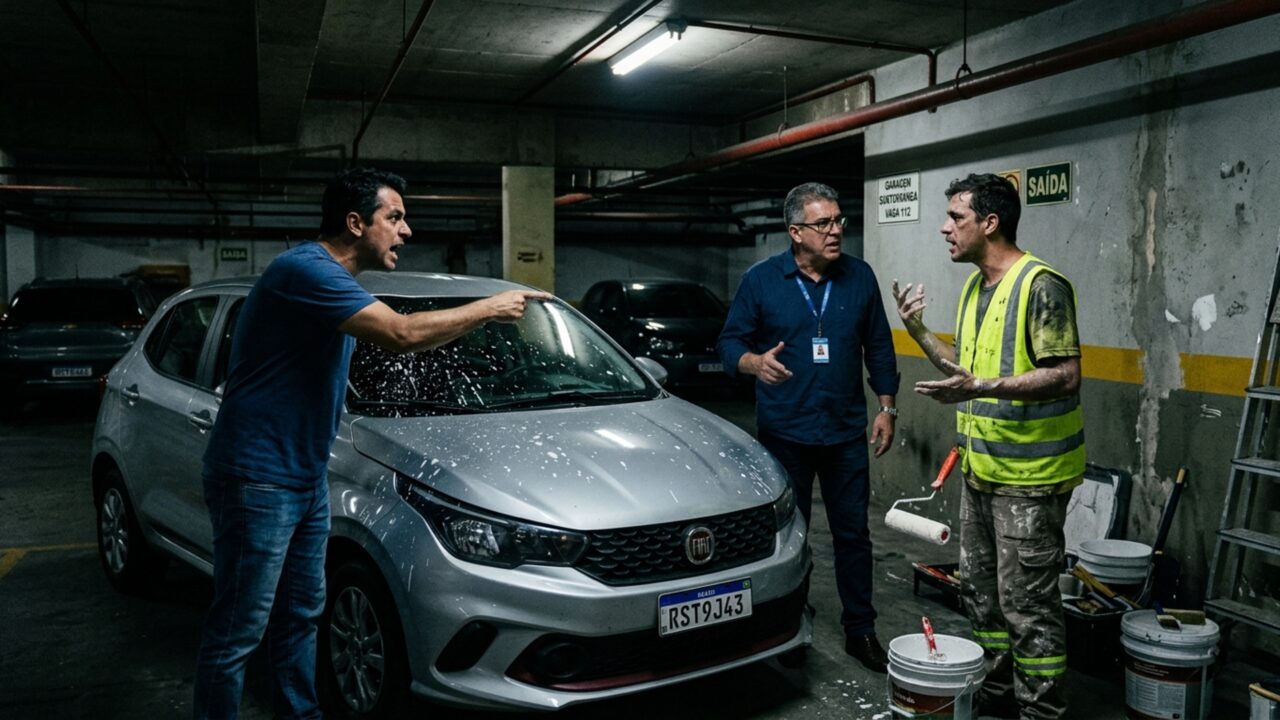 Sem retirar os veículos, condomínio pinta teto da garagem e névoa de tinta branca atinge 12 carros estacionados dois andares abaixo