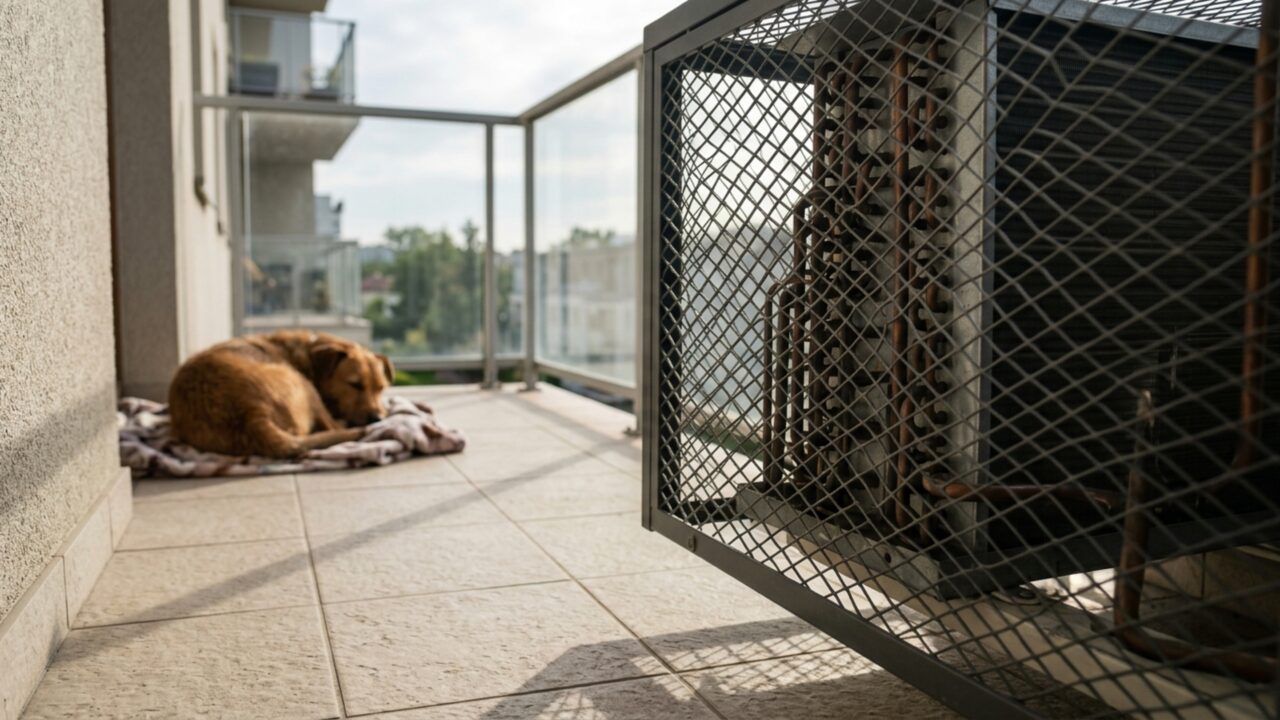 Morador instala uma tela rígida na sacada para proteger o cachorro percebe depois que a estrutura impede a retirada da condensadora do ar-condicionado para manutenção