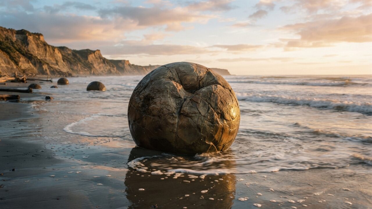 Uma praia parece coberta por ovos de pedra perfeitamente redondos porque concreções mais resistentes ficaram para trás enquanto a rocha ao redor era destruída pela erosão