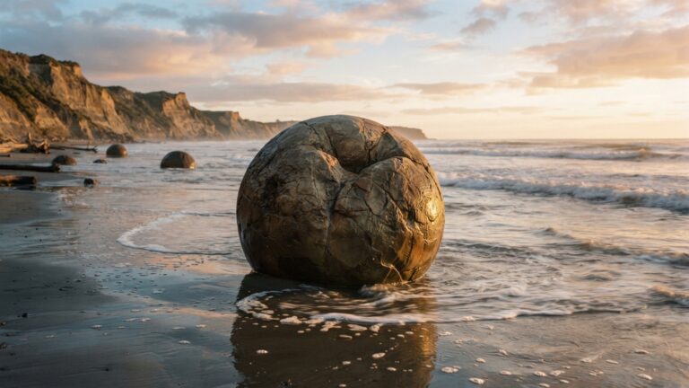 Uma praia parece coberta por ovos de pedra perfeitamente redondos porque concreções mais resistentes ficaram para trás enquanto a rocha ao redor era destruída pela erosão