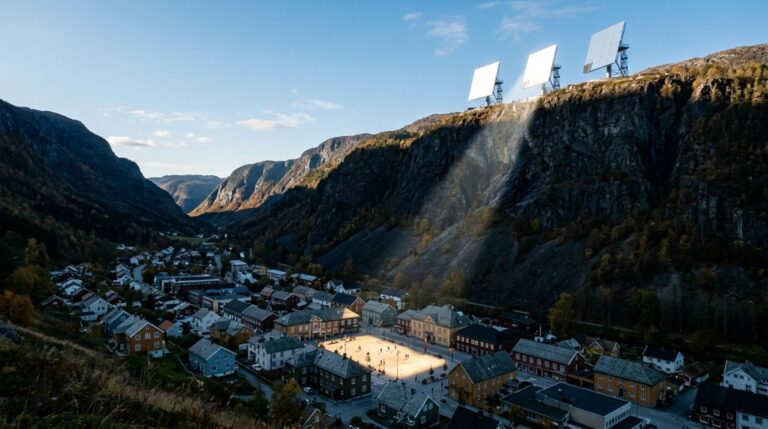 Os espelhos de Rjukan redirecionam a luz disponível nas encostas para uma área específica da praça central durante os meses sem Sol direto