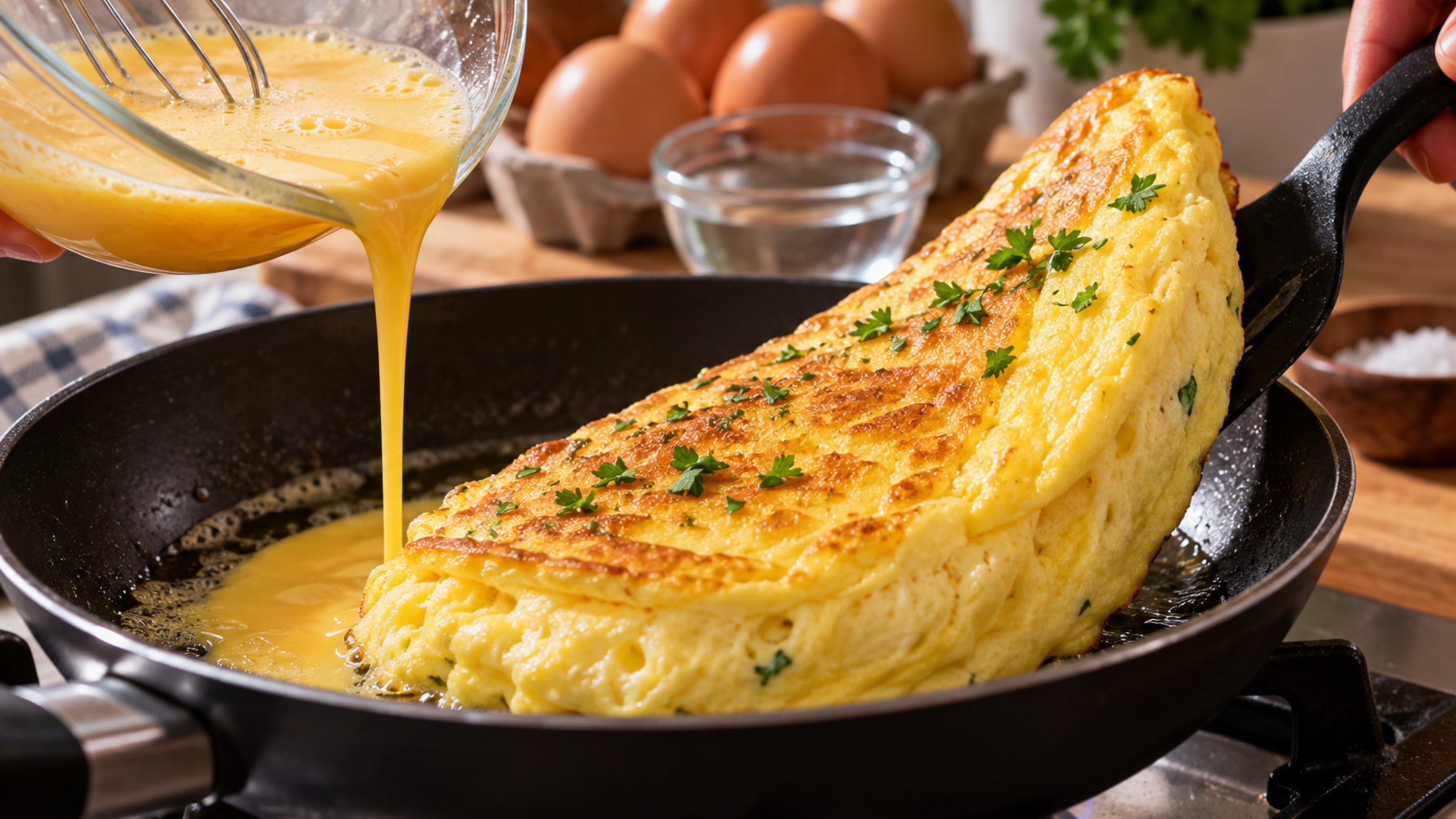 Misturar o ovo com este ingrediente antes de colocar na frigideira deixa a omelete mais alta e muda a textura sem precisar acrescentar farinha