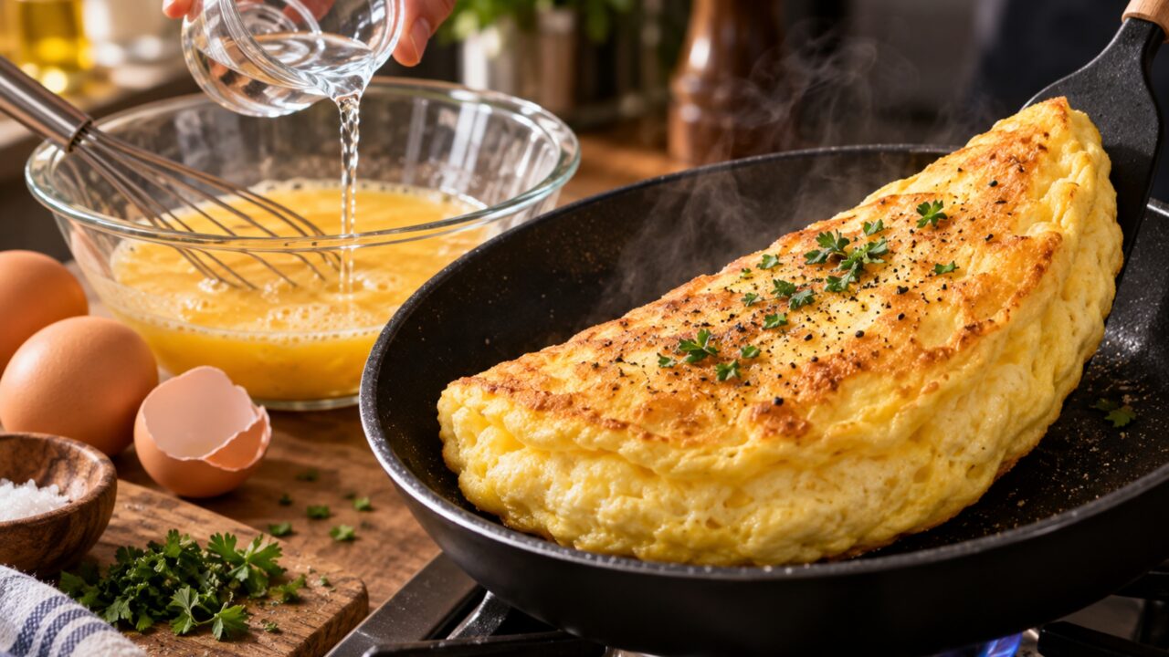 Misturar o ovo com este ingrediente antes de colocar na frigideira deixa a omelete mais alta e muda a textura sem precisar acrescentar farinha