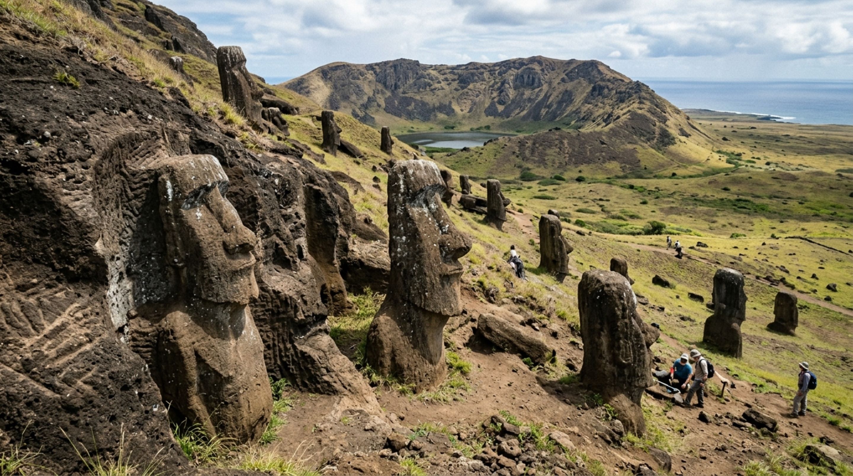 Uma ilha do Pacífico guarda centenas de moai e muitos ficaram na própria pedreira onde alguns ainda parecem nascer da montanha
