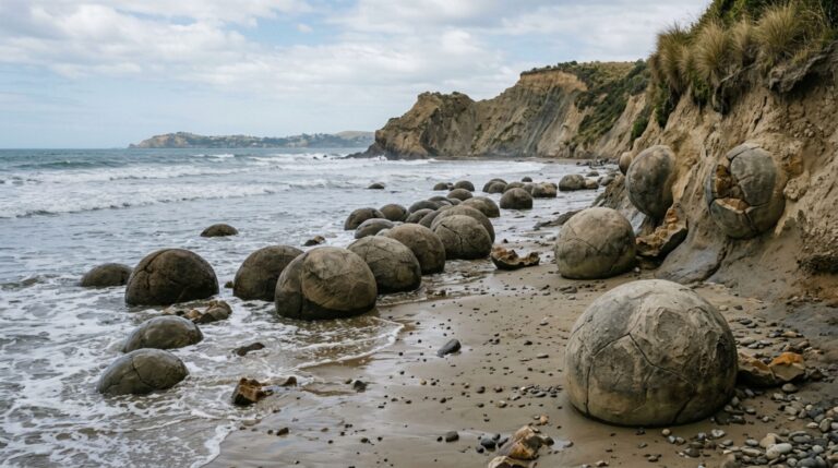 As Moeraki Boulders são grandes concreções naturais expostas pela erosão da costa neozelandesa