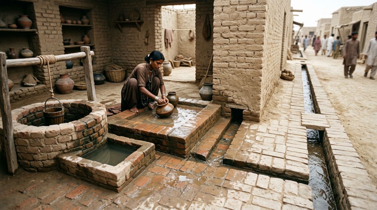 Em Mohenjo-daro, pequenos drenos domésticos conduziam águas residuais para canais maiores nas ruas, integrando saneamento e organização urbana