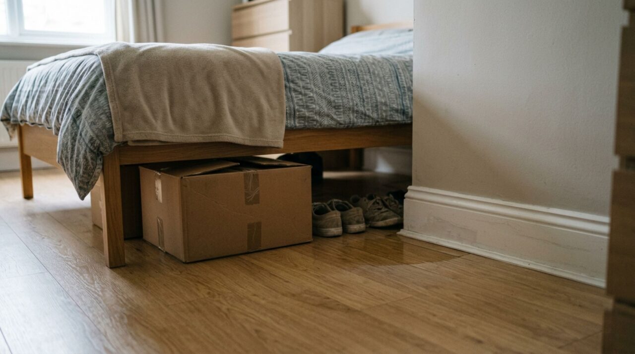 Durante quase seis meses, casal culpa o colchão por acordar com o quarto cheirando a madeira úmida, até desmontar a cama e descobrir que uma caixa guardada diretamente no piso havia absorvido água de uma infiltração mínima junto ao rodapé