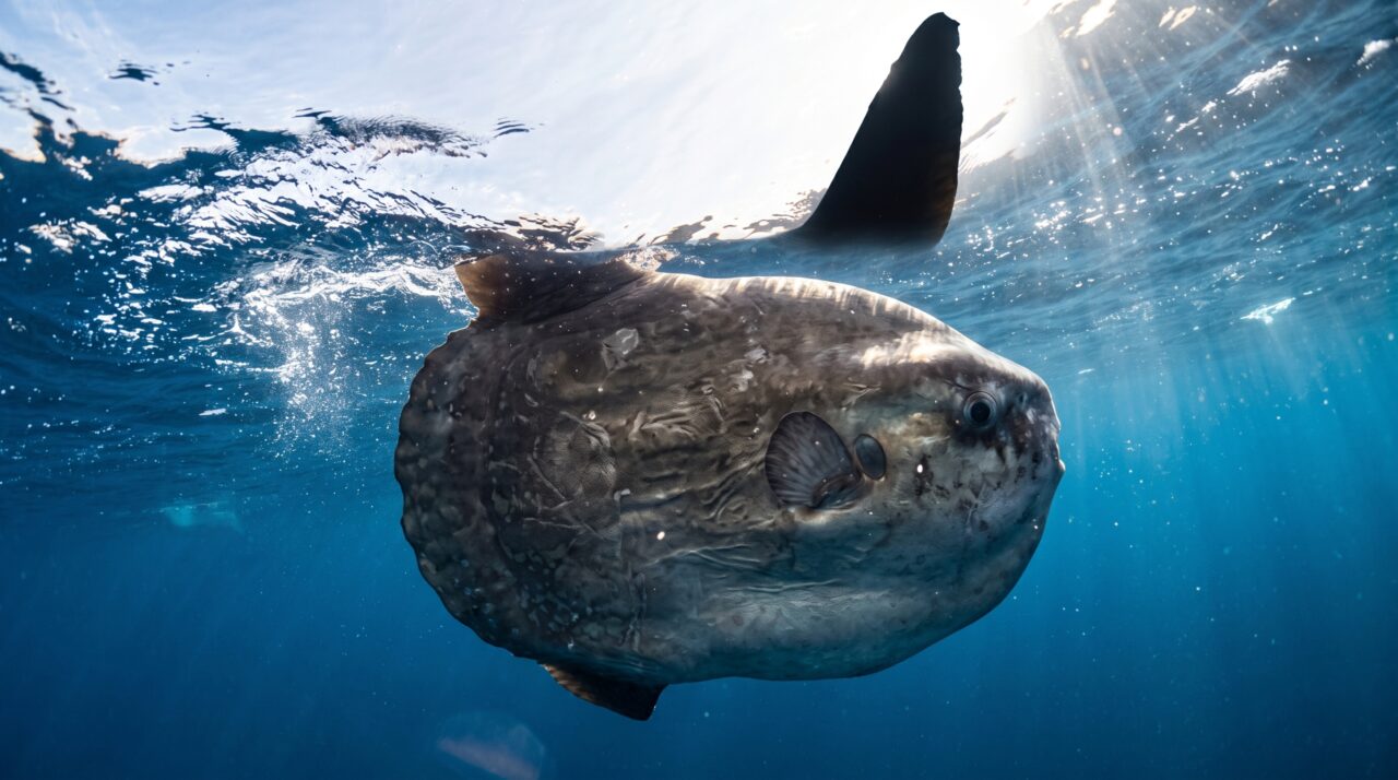 Uma barbatana solitária corta a superfície e parece tubarão, mas pode pertencer a um peixe ósseo de mais de 2 toneladas