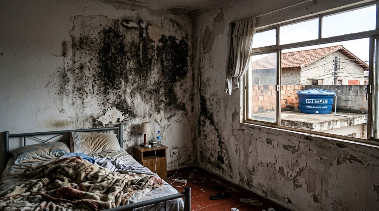 Vizinho instala a caixa-d’água de 1.000 litros sobre a laje encostada na parede compartilhada e, meses depois, aparecem infiltração e manchas de mofo no quarto da casa ao lado