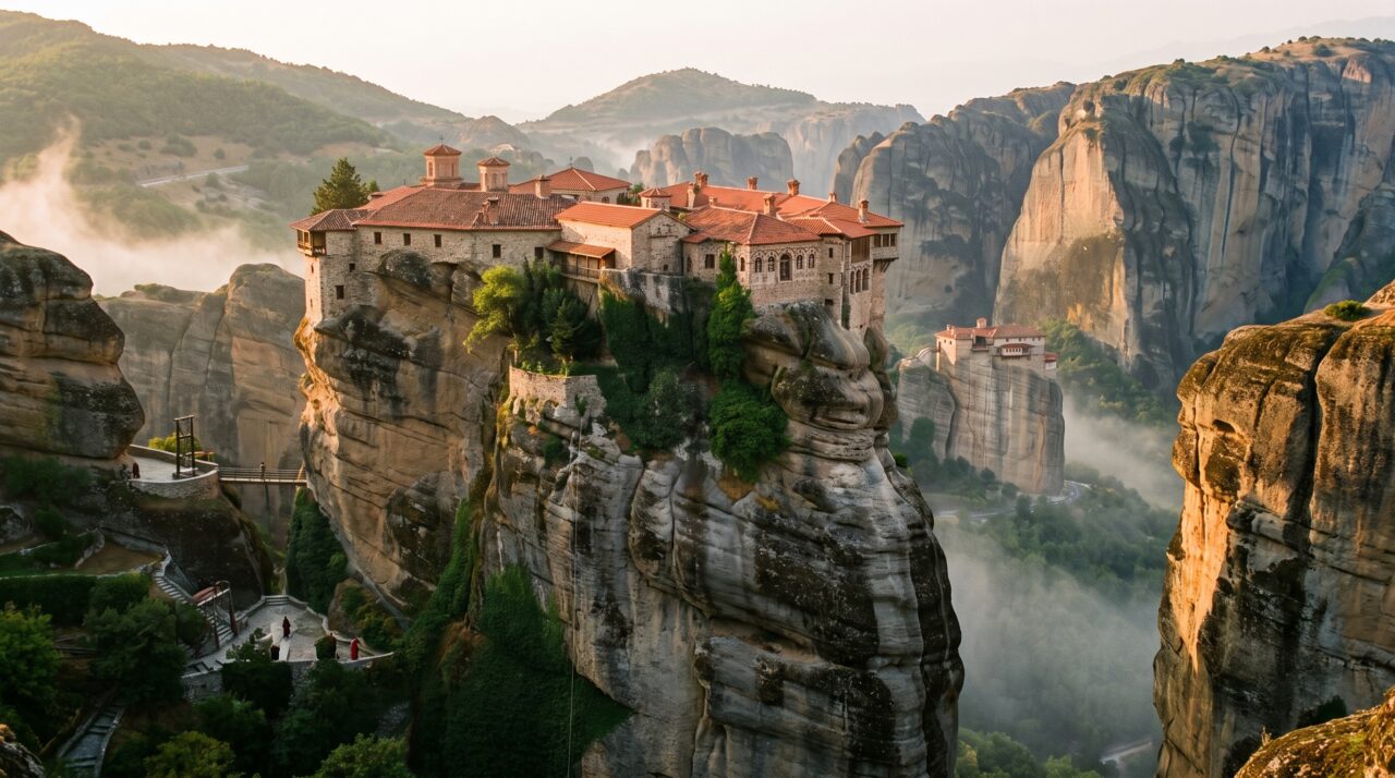 Para escapar de exércitos invasores, monges medievais construíram este complexo de monastérios no topo de pilares de rocha gigantescos e isolados na paisagem