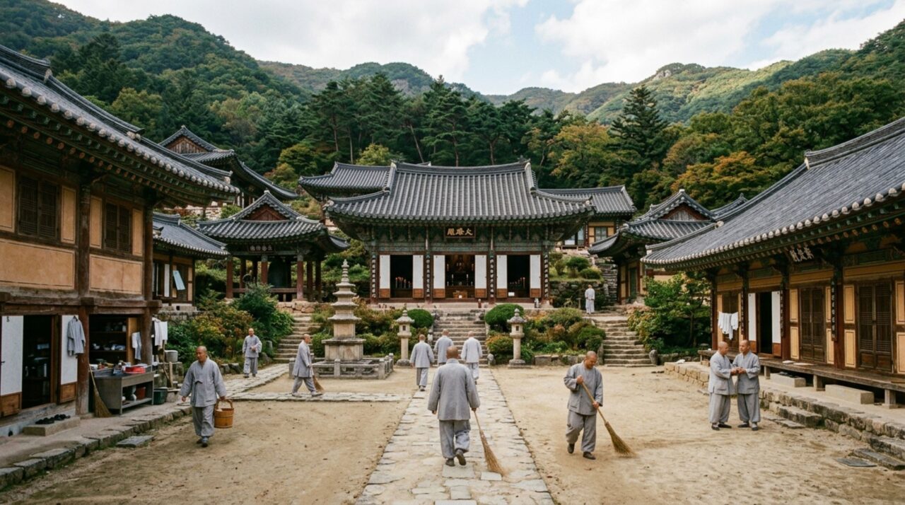 Pátios e salões continuam organizando a vida religiosa e comunitária dos mosteiros coreanos