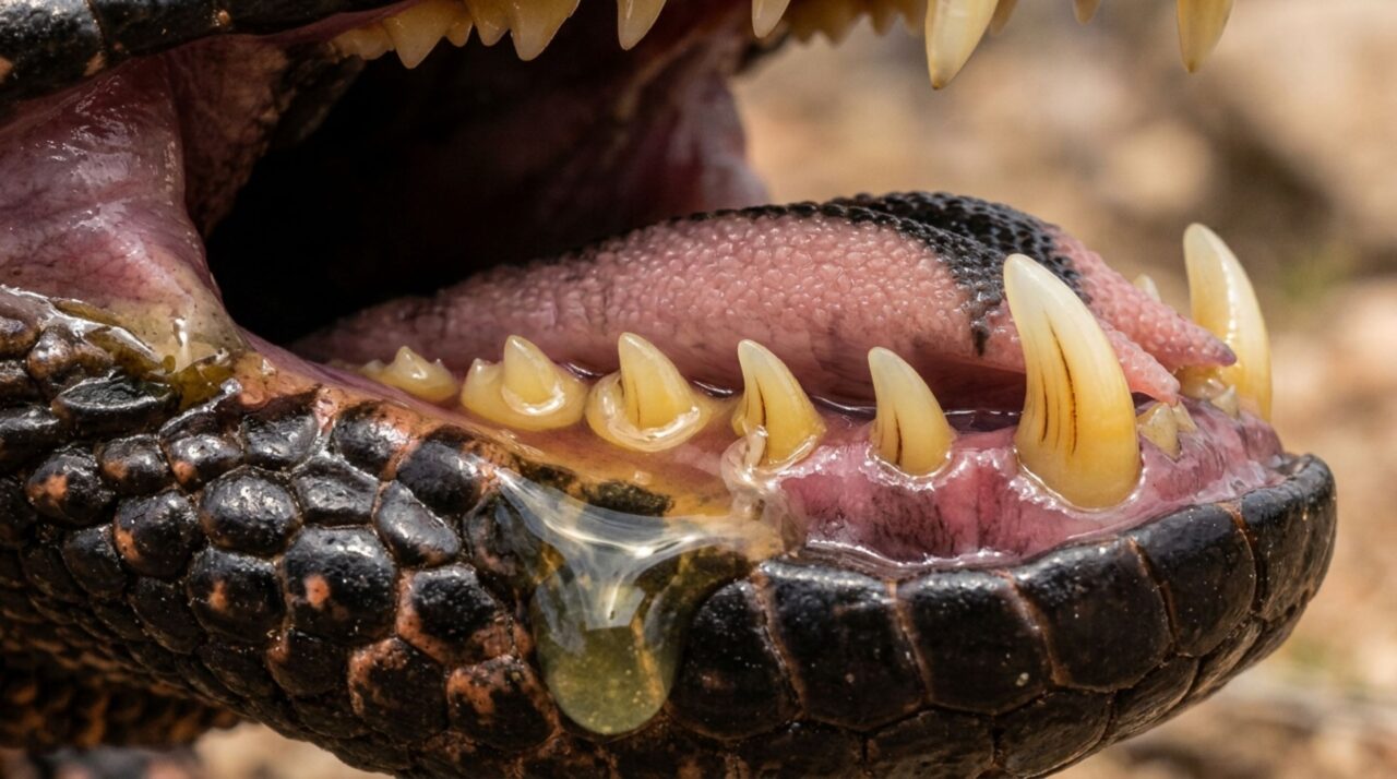Ao manter a mordida e movimentar as mandíbulas, o monstro-de-gila favorece a passagem do veneno pelos sulcos externos dos dentes até os tecidos