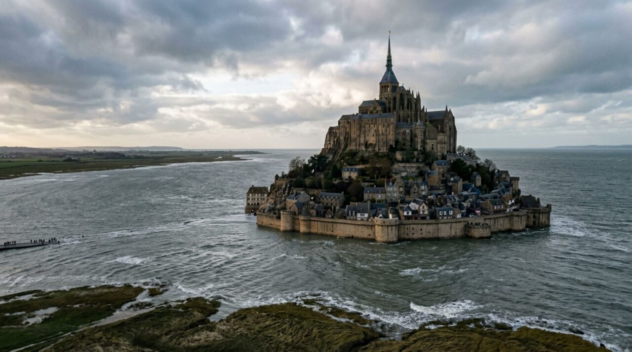 A enorme construção medieval erguida sobre uma pequena ilha rochosa onde a diferença entre maré alta e maré baixa transforma completamente a paisagem ao redor