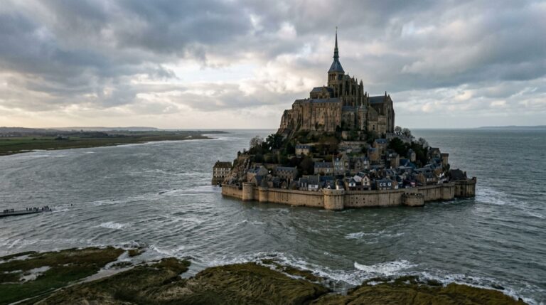 Mont-Saint-Michel cercado pela baía durante maré alta