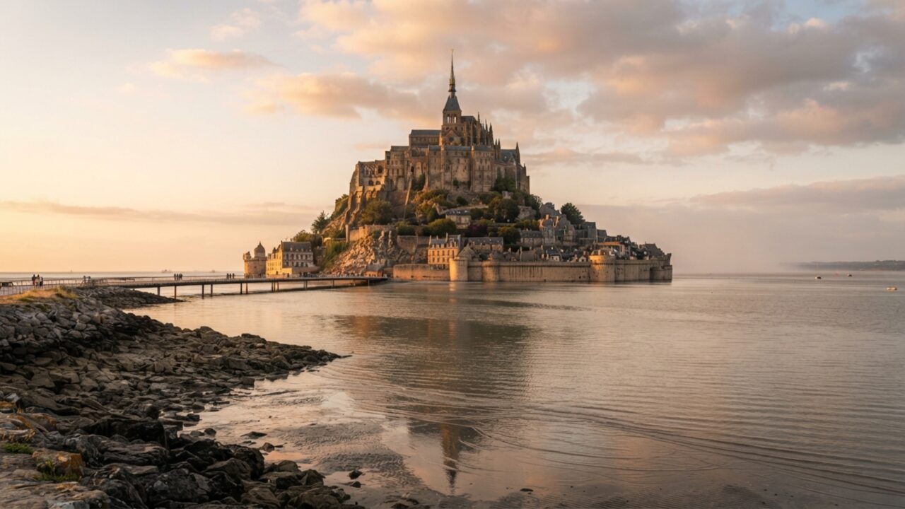Um castelo francês parece surgir da água quando a maré sobe: monges construíram para cima numa ilha onde faltava espaço