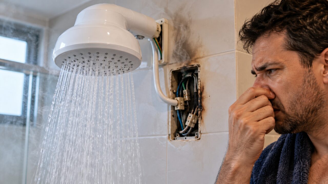 Morador troca chuveiro por modelo mais potente e, poucos dias depois, percebe cheiro de queimado vindo de dentro da parede