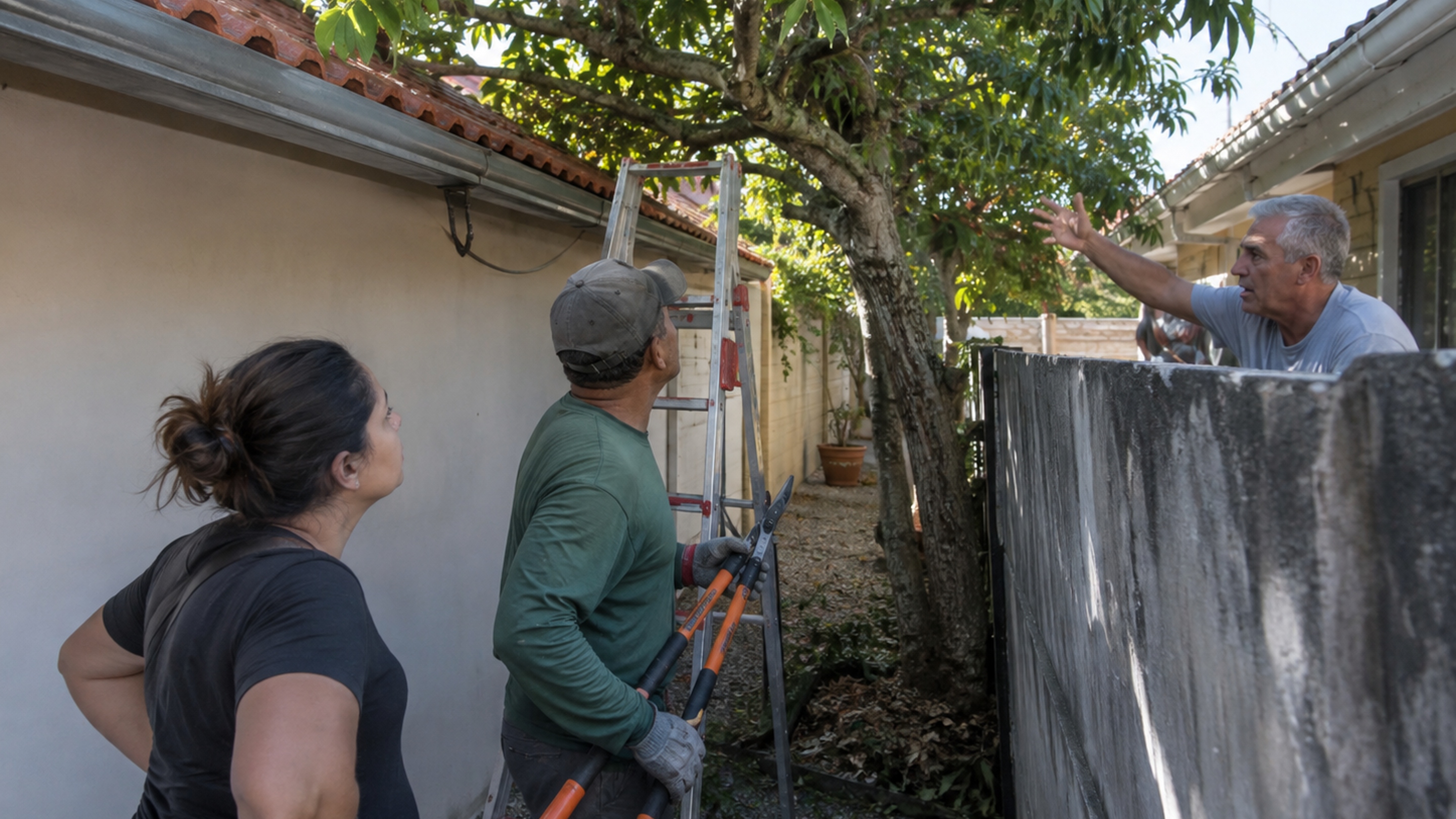 Moradora contrata jardineiro para podar árvore que encostava no telhado e vizinho aparece durante o serviço afirmando que parte do tronco está no terreno dele