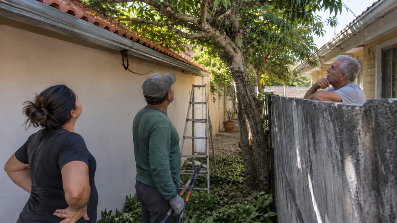 Moradora contrata jardineiro para podar árvore que encostava no telhado e vizinho aparece durante o serviço afirmando que parte do tronco está no terreno dele