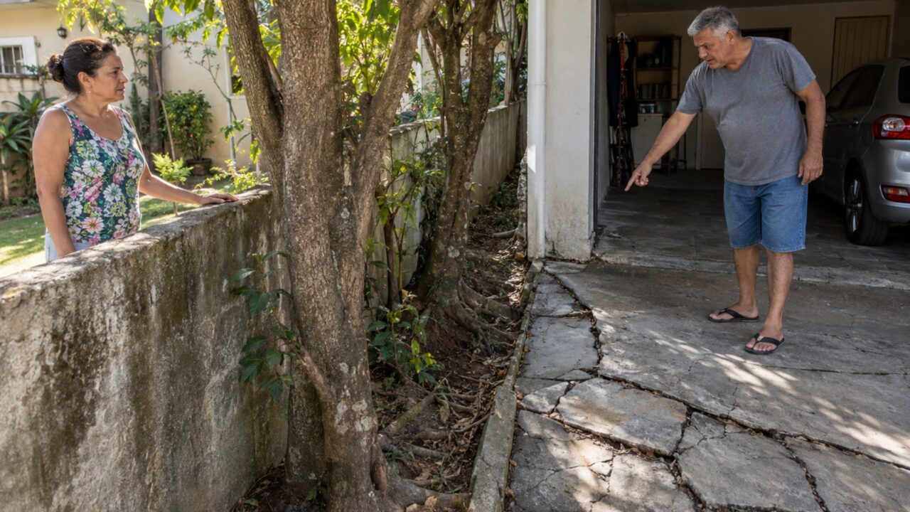 Moradora planta árvores junto ao muro para fazer sombra e, anos depois, vizinho cobra reparo após raízes começarem a levantar o piso de sua garagem