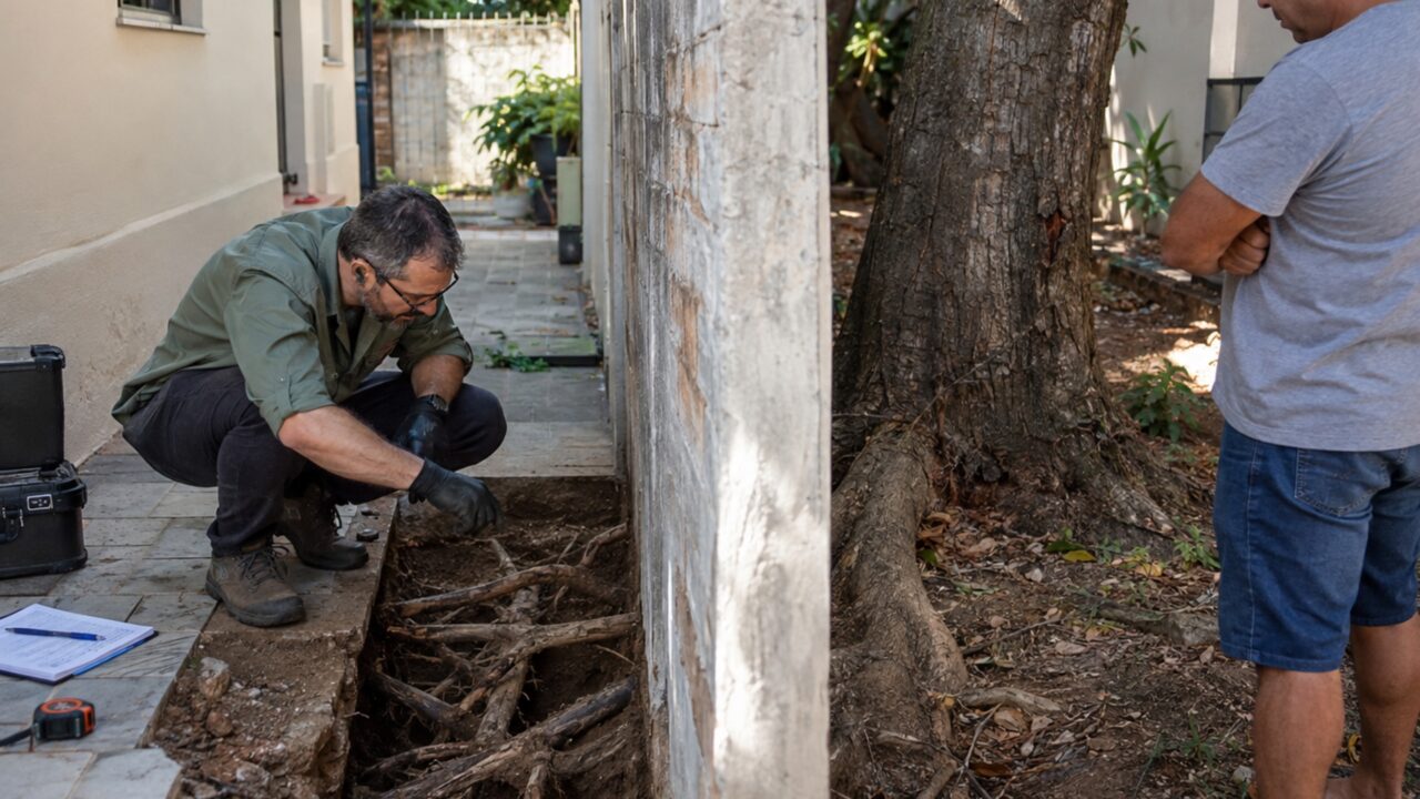 Moradora planta árvores junto ao muro para fazer sombra e, anos depois, vizinho cobra reparo após raízes começarem a levantar o piso de sua garagem
