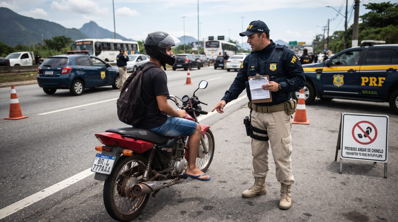 Motoboy decide fazer entregas de chinelo no pico do verão para aliviar o calor e tem a motocicleta retida durante fiscalização de trânsito em avenida