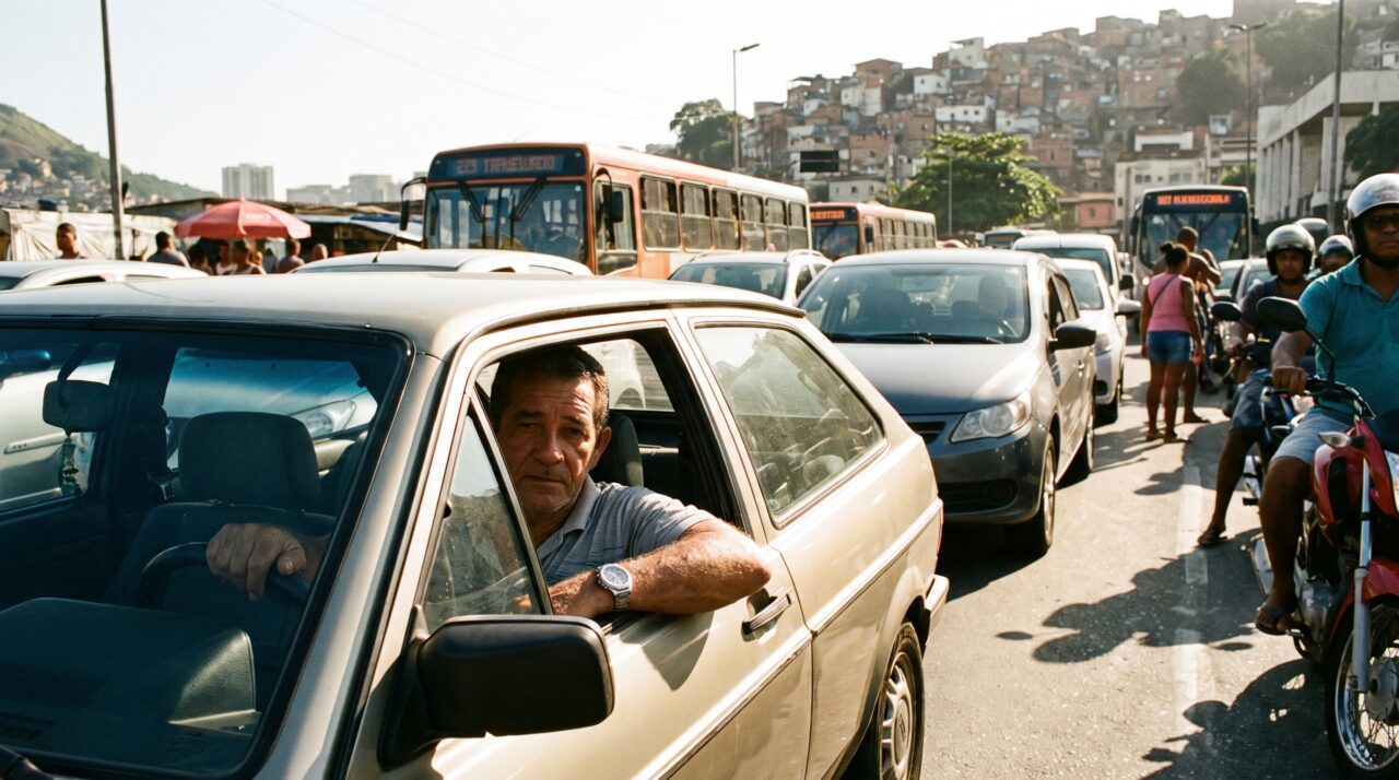 Motorista descansa o braço para fora da janela em tarde de calor extremo durante congestionamento na cidade e acaba autuado sem perceber