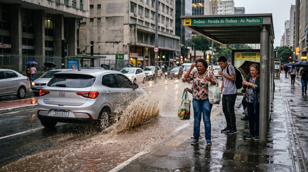 Jovem acelera o carro em rua alagada pela chuva intensa, dá um banho de lama em pedestres que aguardavam no ponto de ônibus e é surpreendido com multa