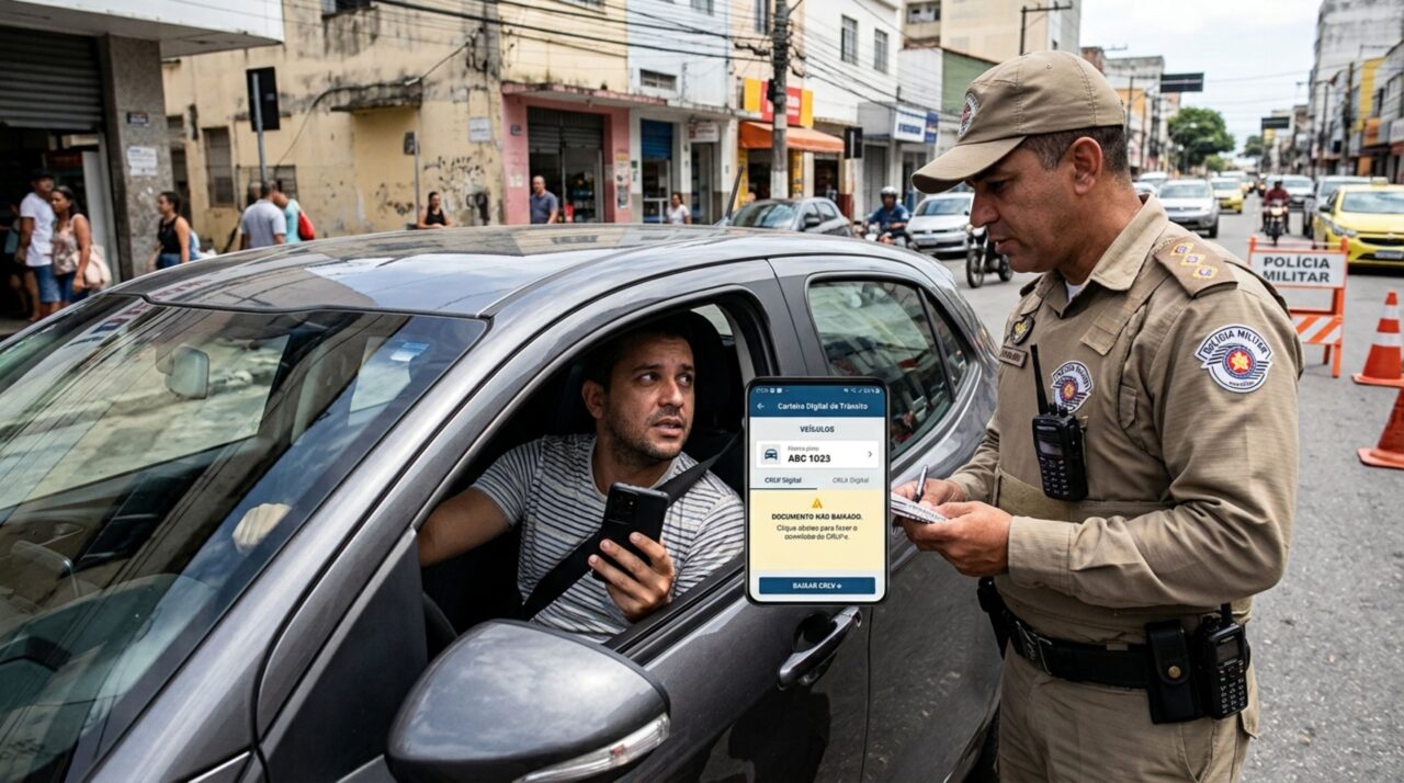 Motorista troca de celular, é parado em blitz e descobre que o CRLV não foi transferido para o aparelho novo, acredita que o documento ficaria salvo automaticamente, e fiscalização explica o que precisa ser baixado novamente
