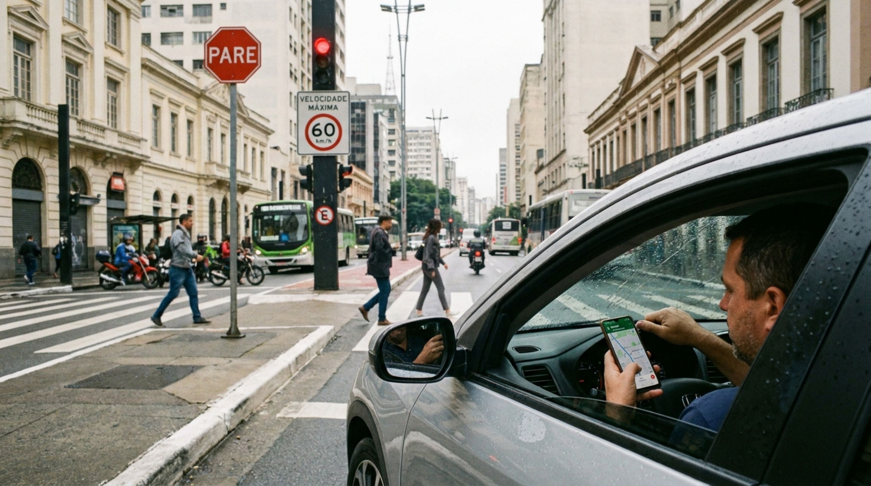 Motorista pega celular enquanto espera sinal abrir e recebe multa, mesmo com carro completamente parado