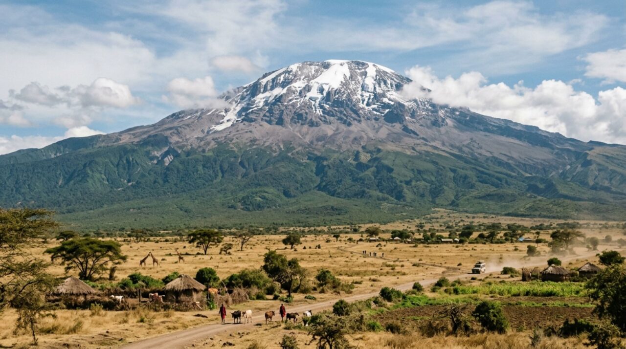 A enorme montanha africana perto da linha do Equador onde ainda existem geleiras no cume apesar do calor nas regiões ao redor