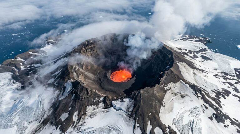 O lago de lava do monte Michael permanece confinado à cratera de um vulcão remoto cuja observação é frequentemente bloqueada por nuvens e plumas
